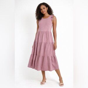 Nation Pink Mauve Tiered Midi Boho Dress Size XS Cotton Ruffle Sleeve Summer